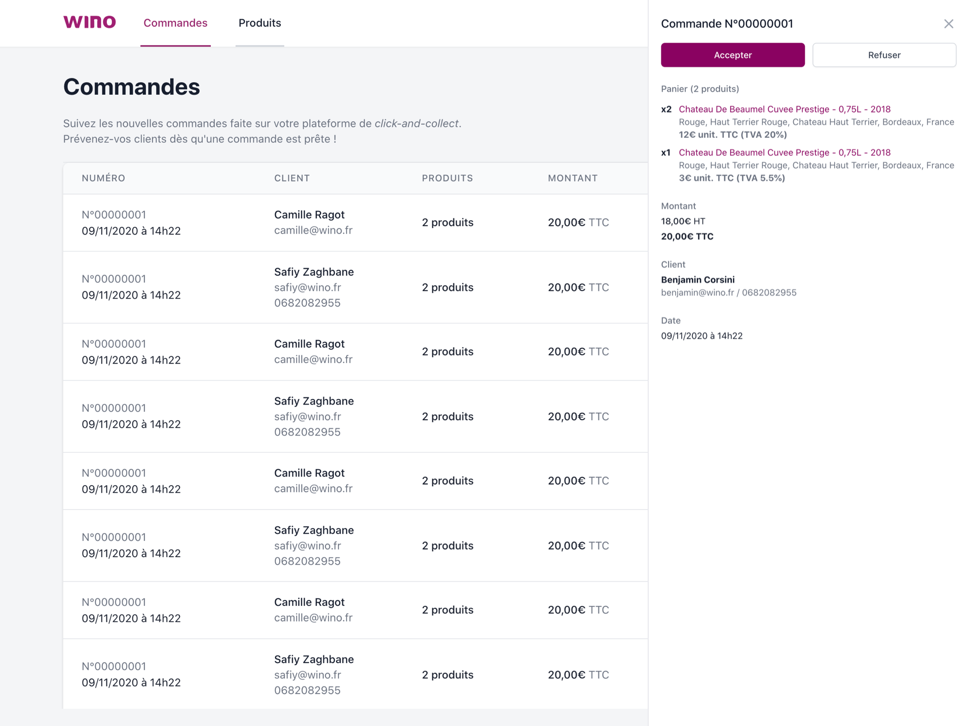La page commandes sur Potico
