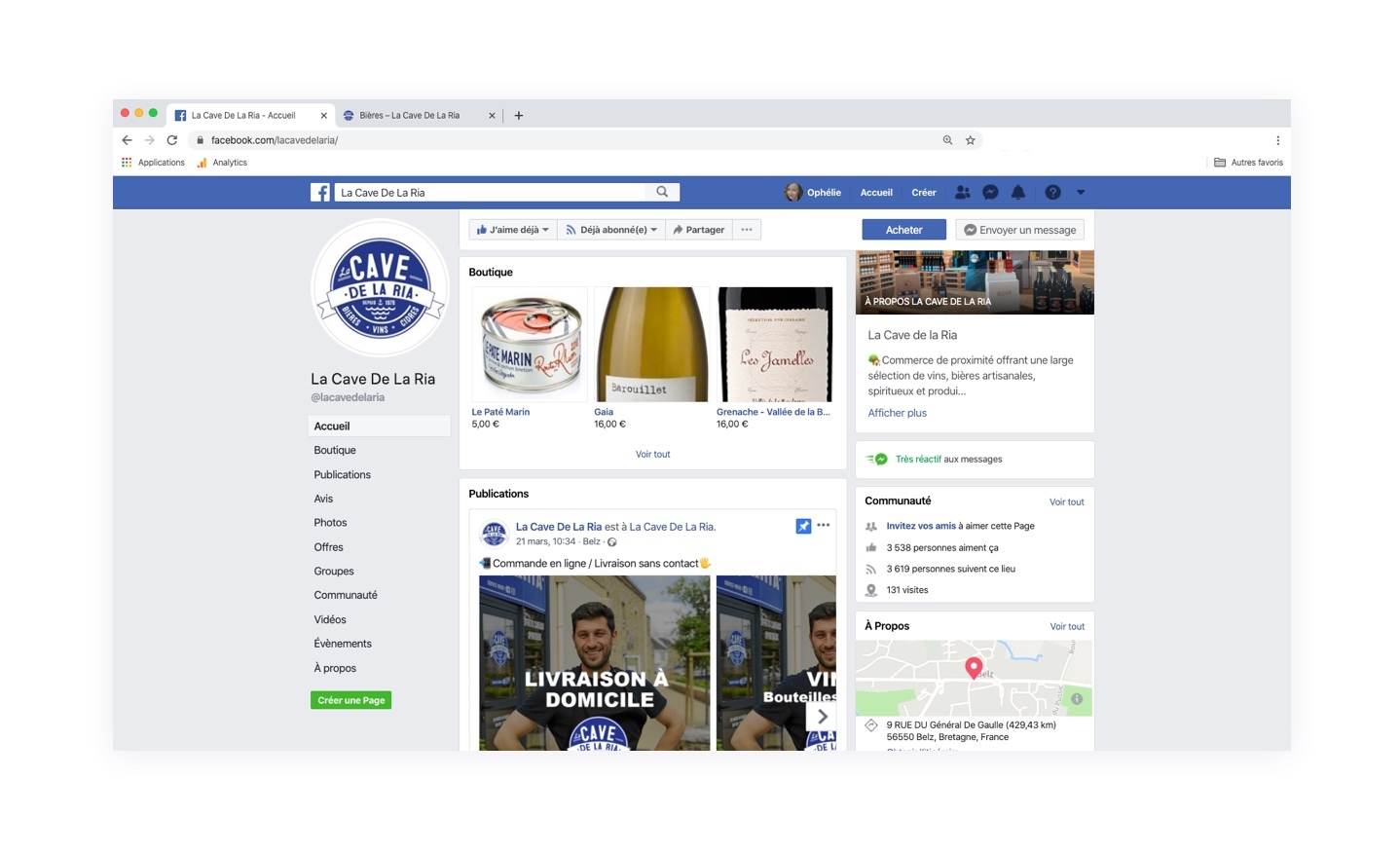 Exemple de boutique Facebook chez Cave de la Ria.
