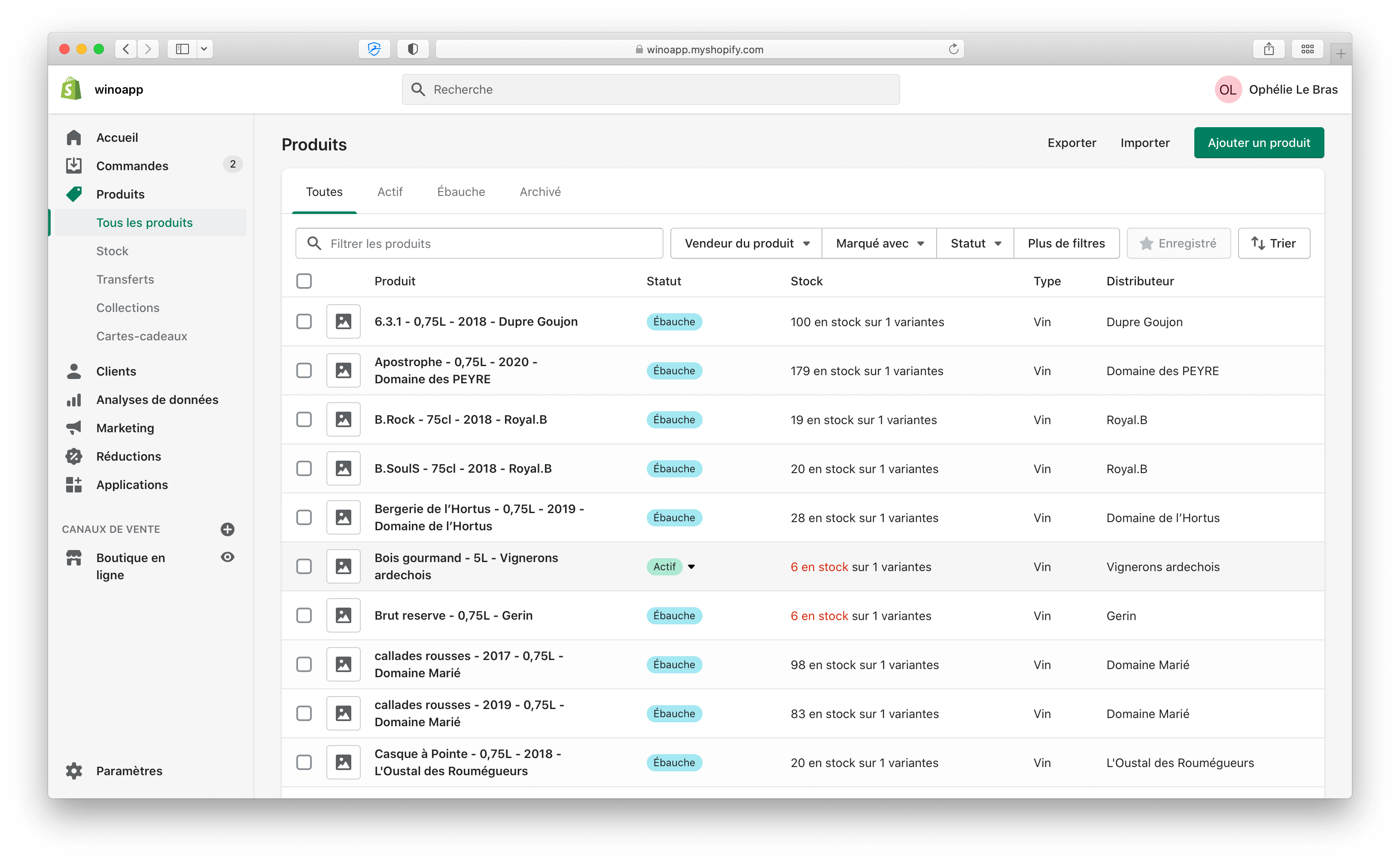 Interface de la plateforme Shopify