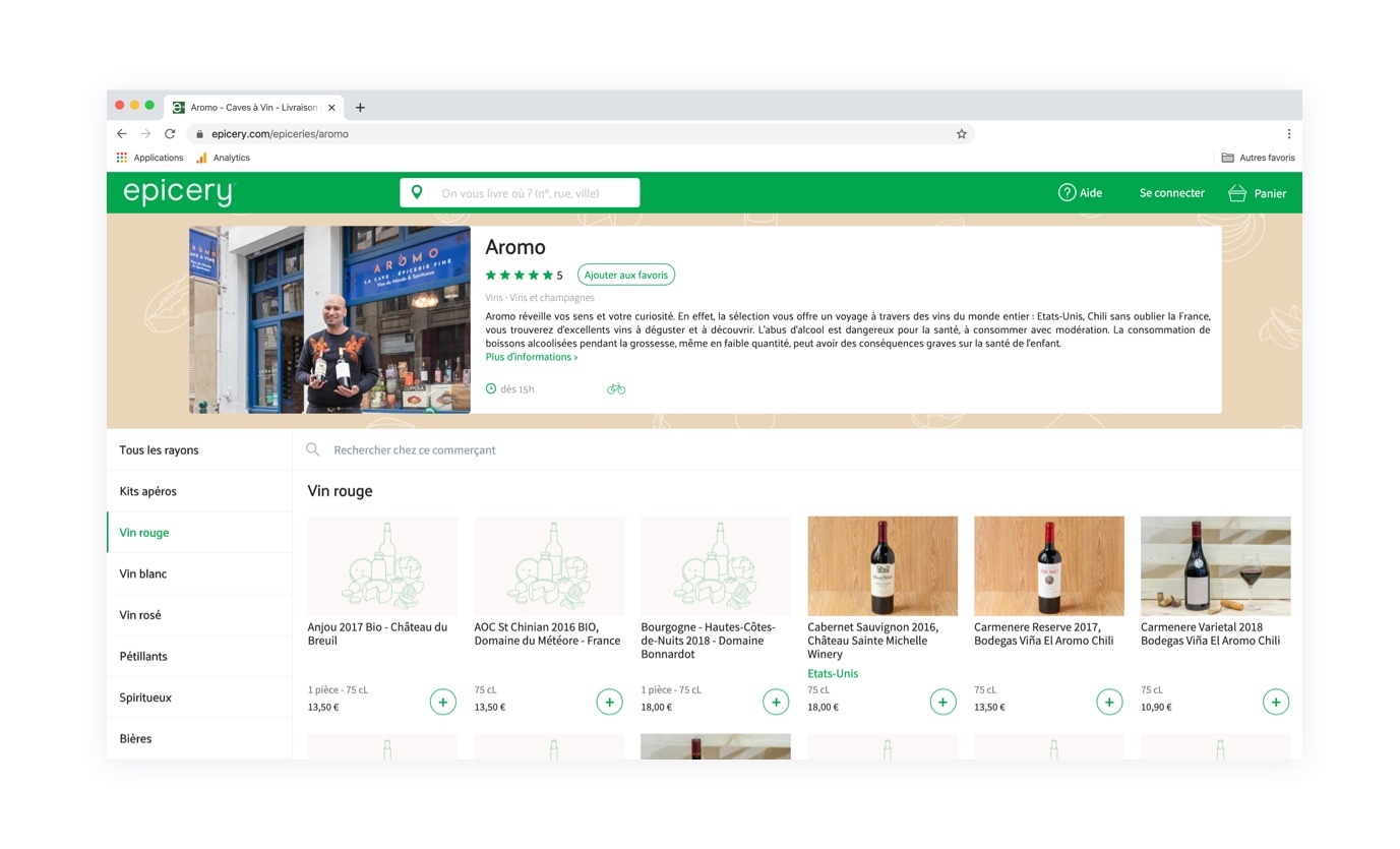 Exemple de catalogue en ligne mis en place avec le service Epicery pour Aromo
