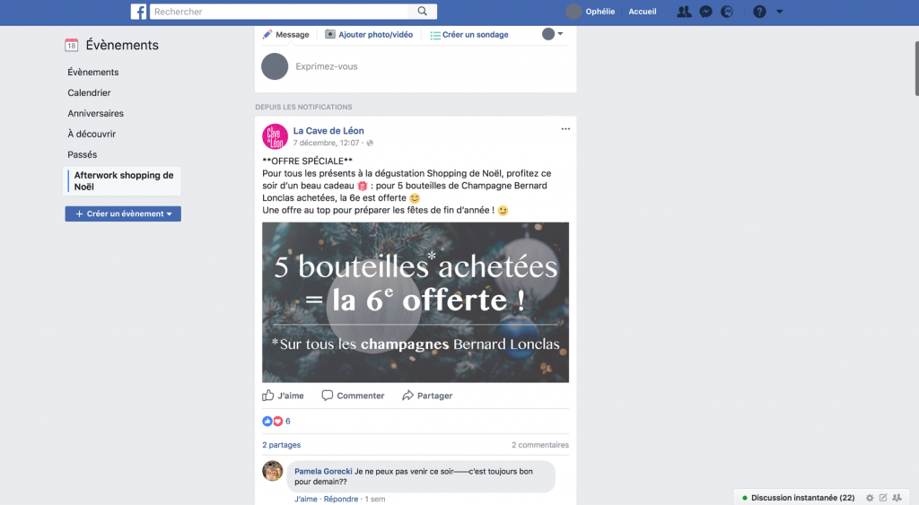 Post facebook de la Cave de Léon pour une promotion