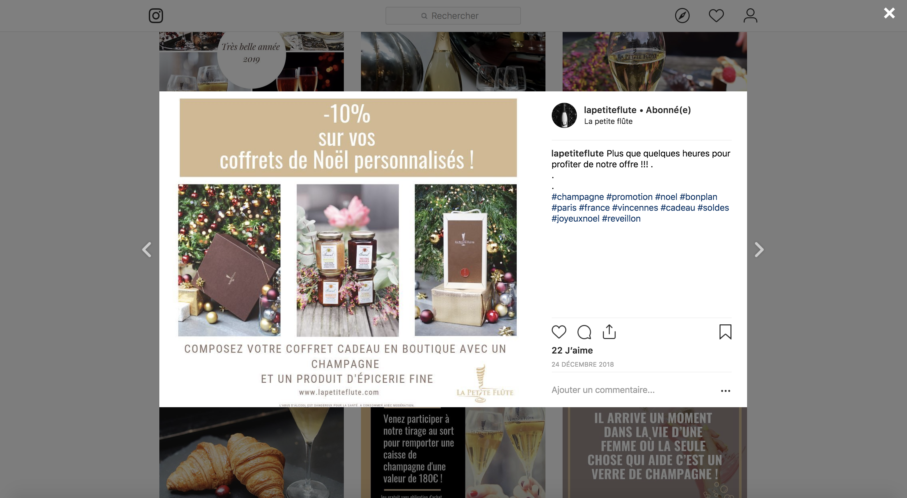 Post Instagram de La Petite Flûte pour une promotion lors des fêtes de Noël