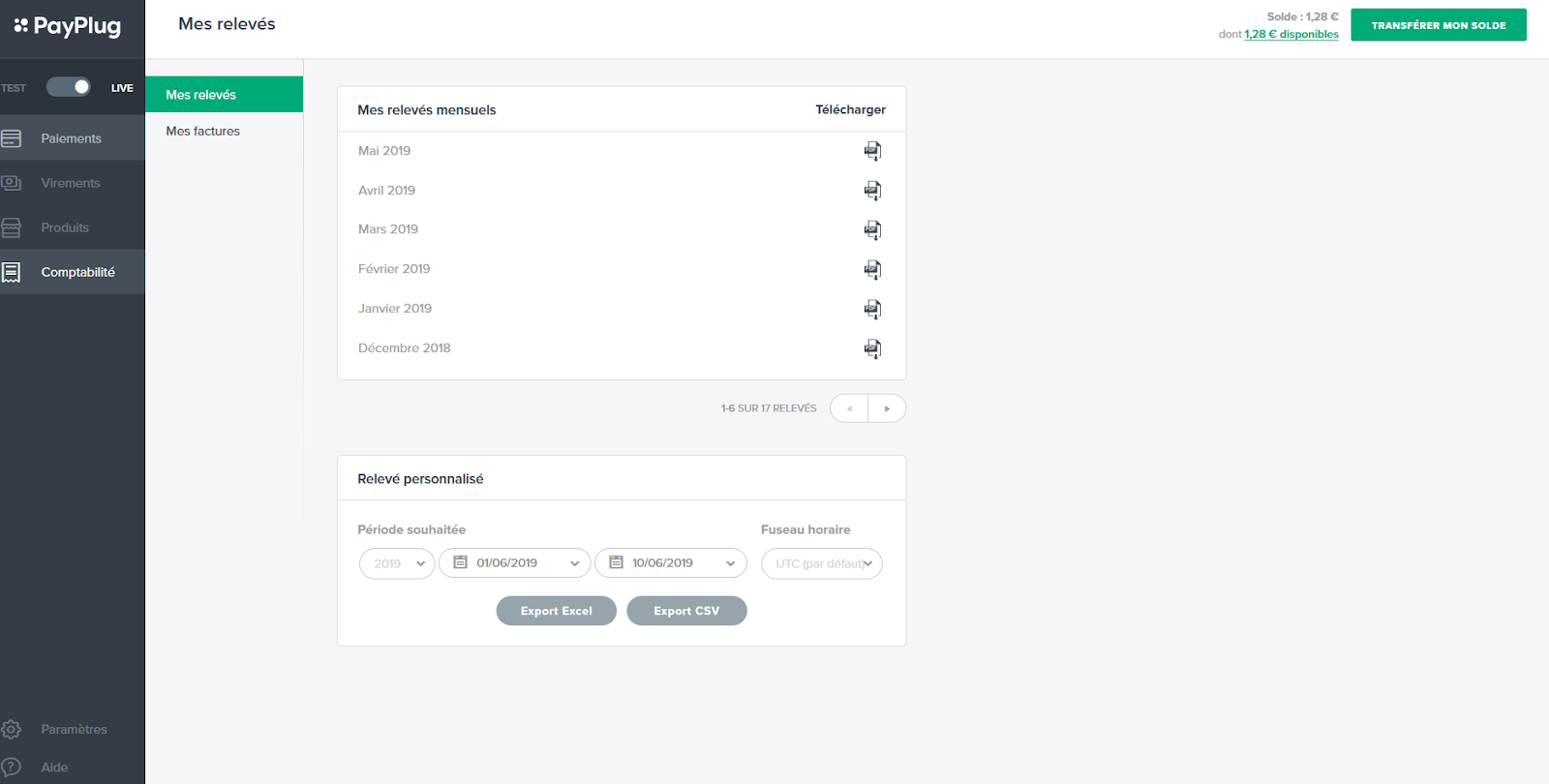 Relevés mensuels sur le back-office de Payplug