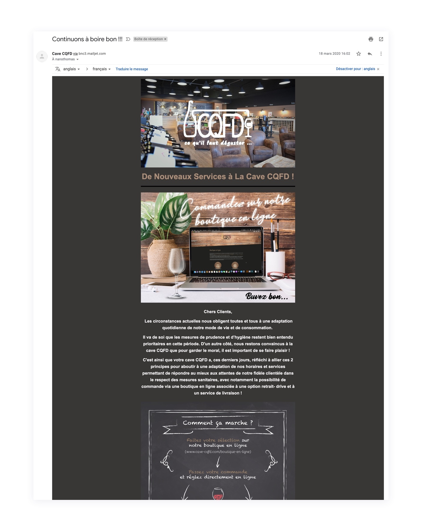 La newsletter de CQFD partage à ses clients son nouveau processus de vente pendant le confinement